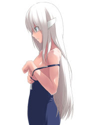Rule 34 | 1girl, aniota no tsudoi, bare shoulders, clothes pull, from side, green eyes, hair ornament, long hair, nanaku teiru, one-piece swimsuit, one-piece swimsuit pull, original, profile, school swimsuit, silver hair, solo, swimsuit, wet, white background, zwei (aniota no tsudoi)
