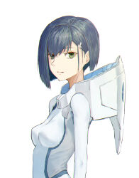 Rule 34 | 1girl, arms at sides, asymmetrical hair, blunt ends, bob cut, bodysuit, breasts, closed mouth, commentary, darling in the franxx, expressionless, from side, green eyes, hair ornament, hair over one eye, hairclip, hood, hood down, ichigo (darling in the franxx), impossible bodysuit, impossible clothes, looking to the side, pilot suit, short hair, simple background, small breasts, solo, sugino souichi, swept bangs, upper body, white background, white bodysuit