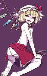 Rule 34 | 1girl, barefoot, blonde hair, clothes lift, collar, fang, flandre scarlet, flat chest, hat, kneeling, leash, looking back, open mouth, panties, purple background, red eyes, simple background, skirt, skirt lift, smile, solo, thupoppo, toes, topless, touhou, underwear, upskirt, wings