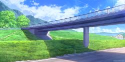 Rule 34 | artist name, blue sky, bridge, building, cloud, cloudy sky, commentary request, fence, grass, guard rail, highres, kemme dreame, lamppost, mountain, no humans, original, outdoors, road, scenery, shadow, sky, tree, twitter username, watermark