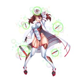 Rule 34 | 1girl, action taimanin, breasts, brown hair, flu, full body, gloves, highres, lab coat, lilith-soft, medium breasts, official art, one eye closed, purple eyes, shinjou yuuna, shiny skin, solo, taimanin (series), taimanin suit, twintails