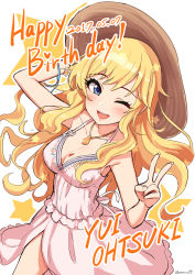 Rule 34 | 1girl, 2017, :d, bad id, bad pixiv id, blonde hair, blue eyes, blush, breasts, character name, cleavage, dated, dress, happy birthday, hat, heart, highres, idolmaster, idolmaster cinderella girls, jewelry, long dress, long hair, looking at viewer, looking up, medium breasts, necklace, omaru gyuunyuu, one eye closed, ohtsuki yui, open mouth, pink dress, smile, solo, sticker, twitter username, v, wavy hair