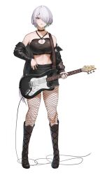 Rule 34 | 1girl, alternate costume, bare shoulders, black choker, black jacket, blue eyes, boots, breasts, brid (nikke), choker, collarbone, colored inner hair, commission, crop top, cross-laced footwear, electric guitar, fishnet pantyhose, fishnets, full body, goddess of victory: nikke, green hair, grey hair, guitar, hair over one eye, halterneck, highres, holding, holding instrument, instrument, jacket, knee boots, large breasts, long hair, looking at viewer, low-tied long hair, multicolored hair, off shoulder jacket, one eye covered, pantyhose, parted lips, simple background, solo, standing, third-party source, two-tone hair, vloodozer, white background