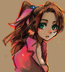 Rule 34 | 1990s (style), 1girl, aerith gainsborough, aqua eyes, bow, brown hair, cosmic chicken, cropped jacket, final fantasy, final fantasy vii, green eyes, inuinui, long hair, pink bow, ponytail, solo, upper body