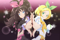 Rule 34 | 2girls, artist request, bad id, bad pixiv id, bianca (pokemon), blonde hair, blue eyes, brown hair, cosplay, creatures (company), cure melody, cure melody (cosplay), cure rhythm, cure rhythm (cosplay), eyelashes, game freak, green eyes, hilda (pokemon), magical girl, midriff, multiple girls, nintendo, pokemon, pokemon bw, ponytail, precure, purple background, ribbon, smile, suite precure, yamo (ly)