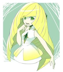 Rule 34 | 1girl, bare arms, bare shoulders, blonde hair, breasts, creatures (company), dress, game freak, green eyes, hair over one eye, long hair, looking at viewer, lusamine (pokemon), nintendo, open mouth, pokemon, pokemon sm, sayoyonsayoyo, sleeveless, sleeveless dress, smile, solo, very long hair, white dress