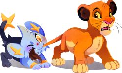Rule 34 | biting, biting another&#039;s tail, creatures (company), crossover, fangs, game freak, gen 4 pokemon, kuitsuku, lion, looking back, nintendo, no humans, one eye closed, open mouth, pokemon, pokemon (creature), shadow, shinx, simba, standing, tail, tail biting, tail pull, the lion king, transparent background, wink, yellow eyes