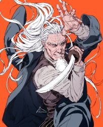 Rule 34 | 1boy, beard, facial hair, golden kamuy, hand up, highres, hijikata toshizou (golden kamuy), holding, holding sword, holding weapon, long hair, long sleeves, looking at viewer, male focus, orange background, simple background, solo, sword, twitter username, upper body, weapon, white hair, yellow eyes, zifletts