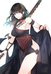 Rule 34 | 1girl, armlet, bare shoulders, black hair, blue eyes, breasts, byleth (female) (fire emblem), byleth (fire emblem), closed mouth, dancer, dancer (fire emblem: three houses), dress, fire emblem, fire emblem: three houses, heroes relic (fire emblem), highres, holding, holding sword, holding weapon, large breasts, long hair, looking at viewer, machi wt, medium hair, nintendo, simple background, single-shoulder dress, solo, standing, sword, sword of the creator, weapon, white background