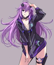Rule 34 | 10s, 1girl, adult neptune, ahoge, bad id, bad twitter id, breasts, cleavage, d-pad, hair ornament, hand on own head, highres, hood, hooded track jacket, jacket, kagetomo midori, long hair, looking at viewer, neptune (neptunia), neptune (series), one eye closed, outlaw096, purple eyes, purple hair, shin jigen game neptune vii, smile, solo, standing, tongue, tongue out, track jacket