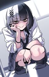 Rule 34 | 1girl, bathroom, black choker, black hair, black nails, black necktie, blunt bangs, bracelet, breasts, choker, cleavage, collared shirt, commentary, english commentary, eyeliner, grey hair, hair ornament, hairclip, hand on own face, heart, heart-shaped eyes, highres, holding, holding scissors, hololive, hololive english, indoors, jewelry, laces, looking at viewer, makeup, mii rza, multicolored hair, multiple rings, necktie, no nose, pleated skirt, ring, scissors, seductive smile, shiori novella, shirt, shoes, skirt, sleeves rolled up, smile, sneakers, socks, solo, split-color hair, squatting, streaked hair, sweat, two-tone hair, white shirt, window, wolf cut, yellow eyes