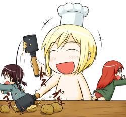 Rule 34 | 00s, 0 0, 3girls, :d, ^ ^, bad food, blonde hair, blush, brown hair, chef, chef hat, chibi, closed eyes, erica hartmann, explosive, closed eyes, food, gertrud barkhorn, grenade, hat, long hair, minna-dietlinde wilcke, multiple girls, no nipples, o o, open mouth, panties, potato, pun, red hair, running, scared, short hair, smile, strike witches, takanaga kouhei, too literal, topfreedom, topless, twintails, underwear, uniform, world witches series