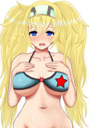Rule 34 | 1girl, alternate costume, bikini, bikini top only, blonde hair, blue bikini, blue eyes, blush, breasts, gambier bay (kancolle), hairband, hifumi kei, highres, kantai collection, large breasts, navel, simple background, solo, swimsuit, twintails, upper body, white background
