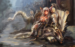Rule 34 | 1girl, animal ears, architecture, bare shoulders, big kapipara, boots, choker, earrings, east asian architecture, gloves, groin, highres, horns, jewelry, long hair, looking at viewer, red eyes, saddle, silver hair, thigh boots, thighhighs, town