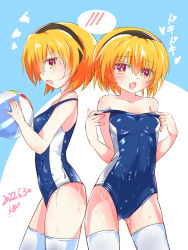 Rule 34 | 1girl, 3105lave, ball, beachball, black hairband, blonde hair, blue one-piece swimsuit, casual one-piece swimsuit, clothes pull, commentary request, flat chest, hairband, highres, higurashi no naku koro ni, houjou satoko, multiple views, one-piece swimsuit, one-piece swimsuit pull, red eyes, short hair, spoken blush, standing, swimsuit, thighhighs, wet, wet clothes, wet swimsuit, white thighhighs