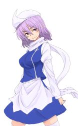 Rule 34 | 1girl, apron, blue skirt, breasts, closed mouth, highres, kakone, lapel pin, letty whiterock, looking at viewer, one-hour drawing challenge, purple eyes, purple hair, scarf, short hair, simple background, skirt, smile, solo, touhou, white apron, white background, white scarf