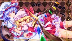 Rule 34 | 2girls, alcohol, argyle, argyle background, argyle clothes, arm ribbon, bat (animal), bat wings, between fingers, blonde hair, blouse, blue hair, blush, border, bow, bridal garter, brown background, crystal, cup, drinking glass, fangs, flandre scarlet, hair between eyes, hand on another&#039;s head, hat, hat ribbon, highres, holding, hug, looking at another, looking at viewer, lying, lying on person, mob cap, multiple girls, one eye closed, open mouth, petticoat, puffy short sleeves, puffy sleeves, red eyes, red skirt, red vest, remilia scarlet, ribbon, shirt, short hair, short sleeves, siblings, side ponytail, sisters, skirt, slit pupils, smile, spilling, touhou, unory, vest, white bow, white shirt, white skirt, wine, wine glass, wings, wrist cuffs, yellow border