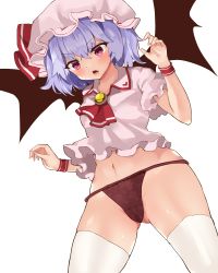 Rule 34 | 1girl, ascot, bat wings, fang, fujiko (emnprmn), hat, highres, mob cap, navel, no pants, open mouth, panties, purple hair, red eyes, red panties, remilia scarlet, skin fang, solo, thighhighs, touhou, underwear, white background, white thighhighs, wings, wristband