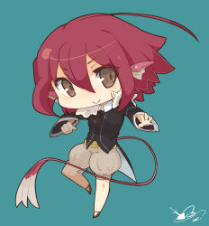 Rule 34 | :&gt;, ahoge, belt, brown eyes, chibi, fins, fish tail, grin, highres, jacket, katsudansou, leg up, original, outstretched hand, red hair, shorts, smile, solo, tail
