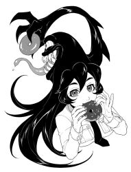 Rule 34 | 1girl, bad id, bad twitter id, black hair, black necktie, black neckwear, breast pocket, breasts, doughnut, eating, female focus, filia (skullgirls), food, ganno, greyscale, highres, holding, holding food, inactive account, looking at viewer, monochrome, necktie, pocket, ringed eyes, samson (skullgirls), sharp teeth, shiny, shiny hair, skullgirls, solo focus, teeth, third-party source, tongue, tongue out, upper body, white background