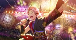 Rule 34 | 1boy, ahoge, braid, closed eyes, fingernails, fireworks, fireworks print, hair ornament, highres, holding, holding microphone, idolmaster, idolmaster side-m, idolmaster side-m growing stars, japanese clothes, kabuto daigo, male focus, microphone, official art, open mouth, pink hair, ribbon, smile, solo, stage, stage lights, teeth, third-party source, upper teeth only