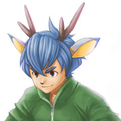 Rule 34 | 1boy, 634, animal crossing, animal ears, antlers, bam (animal crossing), blue hair, brown eyes, deer ears, freckles, graphite (medium), horns, lowres, male focus, mechanical pencil, nintendo, pencil, personification, portrait, simple background, solo, traditional media, white background