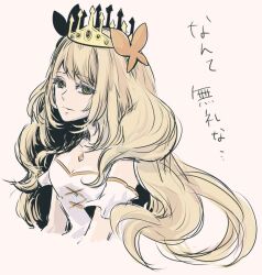 Rule 34 | 1girl, blonde hair, butterfly hair ornament, celine (fire emblem), closed mouth, crown, detached sleeves, dress, fire emblem, fire emblem engage, green eyes, hair ornament, light smile, long hair, nintendo, portrait, solo, umi ( oneinchswing), wavy hair, white background, white dress