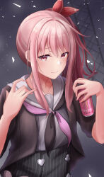 Rule 34 | 1other, absurdres, akiyama mizuki, androgynous, black background, black neckerchief, bow, can, closed mouth, clover, hair between eyes, hair ribbon, hand up, heart, highres, holding, holding can, long hair, looking at viewer, monster energy, neckerchief, pink eyes, pink hair, pink neckerchief, project sekai, ribbon, sailor collar, school uniform, shirt, short sleeves, side ponytail, sidelocks, smile, solo, two-tone neckerchief, upper body, white sailor collar, yuzu ponzu (vgah7445)