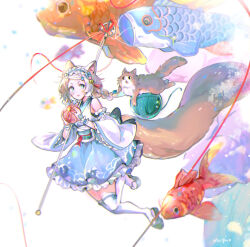 Rule 34 | 1girl, :p, animal ears, ball, blue skirt, braid, brown hair, cat ears, cat girl, cat tail, commentary, detached sleeves, green eyes, highres, holding, holding ball, japanese clothes, knee up, koi, koinobori, looking back, maid headdress, multicolored hair, obi, original, sash, shirt, signature, skirt, solo, symbol-only commentary, tail, tassel, temari ball, thighhighs, tongue, tongue out, two-tone hair, wed (lim38869577), white hair, white shirt, white sleeves, white thighhighs, wide sleeves, windsock, yarn, yarn ball