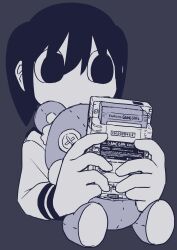 Rule 34 | 1girl, absurdres, animal ears, black background, black eyes, black hair, black sailor collar, buttons, collared shirt, empty eyes, explosion psycho, game boy, haguruma hasami (explosion psycho), hair between eyes, handheld game console, highres, holding, holding handheld game console, holding stuffed toy, limited palette, long sleeves, looking at object, medium hair, original, playing, playing games, sailor, sailor collar, school uniform, shirt, simple background, sleeves past wrists, stuffed animal, stuffed toy, teddy bear, twintails, uniform, white shirt