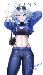 Rule 34 | 1girl, :d, absurdres, ahoge, arm up, atsukii, bag, blue eyes, blue hair, breasts, character name, cleavage, colored inner hair, commentary, cowboy shot, crop top, denim, eyewear on head, furina (genshin impact), genshin impact, grey hair, handbag, highres, jeans, looking at viewer, medium breasts, midriff, multicolored hair, navel, open mouth, pants, shrug (clothing), smile, solo, standing, stomach, sunglasses, thighs, v