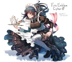 Rule 34 | 1girl, alternate costume, apron, artist name, black dress, black footwear, blue hair, breasts, byleth (female) (fire emblem), byleth (fire emblem), commentary request, copyright name, cup, dagger, detached sleeves, dress, fingernails, fire emblem, fire emblem: three houses, fire emblem cipher, frills, full body, garter straps, glasses, haru (toyst), holding, knife, long hair, long sleeves, looking away, maid, medium breasts, nintendo, official art, parted lips, puffy sleeves, purple eyes, red-framed eyewear, shoes, signature, simple background, solo, teacup, teapot, thighhighs, tray, weapon, white background