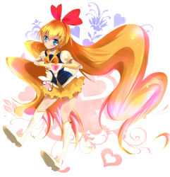 Rule 34 | 1girl, blonde hair, blue eyes, blush, boots, brooch, cosplay, crossover, cure honey, cure honey (cosplay), dokidoki! precure, eyelashes, hair ornament, hair ribbon, happinesscharge precure!, happy, haru (nature life), heart, heart brooch, knee boots, kneehighs, long hair, looking at viewer, precure, puffy sleeves, red ribbon, regina (dokidoki! precure), ribbon, shirt, skirt, smile, socks, solo, very long hair, vest, wrist cuffs, yellow skirt