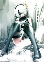 Rule 34 | 1girl, ass, bare shoulders, black gloves, black thighhighs, blindfold, breasts, cleavage, clothing aside, facing viewer, flower, gloves, hair flower, hair ornament, hairband, leotard, leotard aside, light censor, mole, mole under mouth, nier (series), nier:automata, parted lips, short hair, sitting, small breasts, solo, souryu, thighhighs, 2b (nier:automata)
