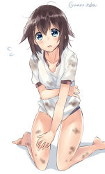 Rule 34 | 10s, 1girl, barefoot, blue eyes, blush, brown hair, buruma, collarbone, dirty, dirty clothes, flying sweatdrops, gym uniform, hair between eyes, hayasui (kancolle), highres, kantai collection, kneeling, looking at viewer, maruki (punchiki), messy hair, open mouth, shadow, shirt, short hair, short sleeves, simple background, solo, tears, torn clothes, torn shirt, twitter username, wavy mouth, white background