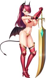 Rule 34 | 1girl, absurdres, armor, armored boots, asymmetrical bangs, bikini armor, black wings, boots, breasts, celestia laciel, demon girl, demon horns, demon tail, demon wings, derauea, full body, gold trim, greaves, high heels, high ponytail, highres, holding, holding sword, holding weapon, horns, huge breasts, huge weapon, long hair, motto! haramase! honoo no oppai isekai chou ero: succubus gakuen, navel, official art, open mouth, photoshop (medium), planted, planted sword, planted weapon, red hair, solo, standing, sword, tail, transparent background, underboob, weapon, wings, yellow eyes