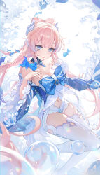 Rule 34 | 1girl, air bubble, bare shoulders, blue eyes, breasts, bubble, cleavage, clothing cutout, dress, fins, fish, frilled sleeves, frills, genshin impact, head fins, highres, long hair, looking at viewer, medium breasts, navel, navel cutout, off shoulder, open mouth, pink hair, sangonomiya kokomi, smile, solo, thighhighs, thighs, ttosom, very long hair, white dress, white thighhighs, wide sleeves