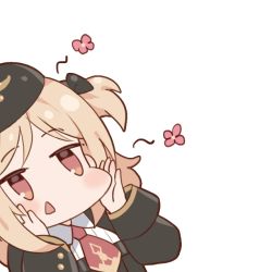 Rule 34 | 1girl, aged down, blonde hair, blush, chibi, commentary request, girls&#039; frontline, hair ribbon, hands on own cheeks, hands on own face, hat, jingo, korean commentary, mp40 (girls&#039; frontline), mp40 (thumbelina) (girls&#039; frontline), official alternate costume, red eyes, ribbon, solo, triangle mouth, twintails, white background
