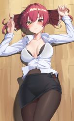 Rule 34 | 1girl, absurdres, alternate costume, black skirt, blush, bra, bra peek, breasts, brown pantyhose, closed mouth, from above, hair ribbon, hands up, heterochromia, highres, hololive, houshou marine, large breasts, long hair, looking at viewer, lying, office lady, on back, on floor, panties, panty peek, pantyhose, partially unbuttoned, pencil skirt, raised eyebrows, red eyes, red hair, red panties, reulem, ribbon, shirt, skirt, solo, thighs, twintails, underwear, untucked shirt, virtual youtuber, wardrobe malfunction, white shirt, yellow eyes