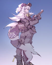 Rule 34 | 1girl, black footwear, boots, chunkyeggy, fingerless gloves, fins, fish tail, gawr gura, gloves, gradient background, gun, handgun, highres, holding, holding gun, holding weapon, hololive, hololive english, long hair, long sleeves, looking at viewer, looking back, open mouth, police, police uniform, shark girl, shark tail, short twintails, solo, standing, tail, teeth, thigh strap, twintails, uniform, upper teeth only, virtual youtuber, weapon