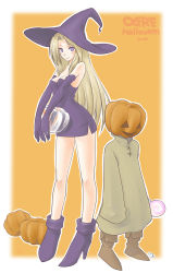 Rule 34 | 00s, 1boy, 1girl, 2008, ankle boots, ayachi, blonde hair, blue eyes, boots, border, breasts, candy, cleavage, deneb rove, dress, elbow gloves, food, glass pumpkin, gloves, halloween, hat, highres, jack-o&#039;-lantern, legs, lollipop, long hair, microdress, ogre battle, orange background, pumpkin, pumpkinhead (ogre battle), purple dress, purple footwear, purple gloves, purple hat, purple theme, strapless, strapless dress, tunic, witch, witch hat