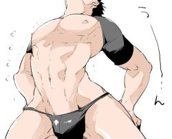 Rule 34 | 1boy, arched back, black hair, bulge, groin, male focus, nipples, original, ri-ru, shrug (clothing), simple background, solo, thighs, thong, toned, trembling, white background