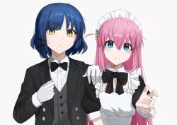 Rule 34 | 2girls, alternate costume, apron, black bow, black jacket, blue eyes, blue hair, bocchi the rock!, bow, bowtie, butler, crossdressing, cube hair ornament, enmaided, female butler, formal, frown, gloves, gotoh hitori, grey vest, hair between eyes, hair ornament, highres, jacket, long hair, long sleeves, looking at viewer, maid, maid apron, maid headdress, mole, mole under eye, multiple girls, nekoreito, official alternate costume, one side up, pink hair, short hair, short sleeves, simple background, v, vest, white background, white gloves, yamada ryo, yellow eyes