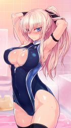 Rule 34 | 1girl, adjusting hair, armpits, arms up, bathroom, bathtub, black gloves, black thighhighs, blonde hair, blue eyes, blush, breasts, cleavage, cleavage cutout, clothing cutout, covered navel, female focus, front zipper swimsuit, gloves, hanna-justina marseille, large breasts, long hair, looking at viewer, meme attire, null (nyanpyoun), one-piece swimsuit, ponytail, solo, strike witches, swimsuit, thighhighs, tying hair, wet, witches of africa, world witches series, zipper