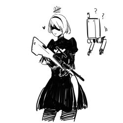 Rule 34 | 1girl, 1other, ?, ??, absurdres, ammunition, assault rifle, black dress, blindfold, bullpup, confused, crossed out, dress, drone, girls&#039; frontline, gloves, greyscale, gun, heart, highres, huqu, monochrome, nier (series), nier:automata, pod (nier:automata), rifle, smile, steyr aug, weapon, 2b (nier:automata)