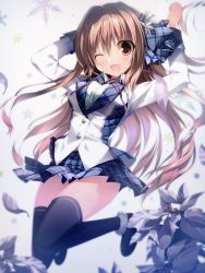 Rule 34 | 1girl, ;d, apron, arms up, black thighhighs, breasts, brown eyes, brown hair, commentary request, full body, hair ornament, highres, jumping, karory, long hair, looking at viewer, microskirt, one eye closed, open mouth, original, shirt, skirt, smile, snowflakes, solo, thighhighs, white shirt