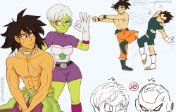 Rule 34 | 2girls, 5boys, anger vein, annoyed, broly (dragon ball super), bulma, cheelai, commentary, dancing, dragon ball, dragon ball super, dragon ball super broly, english commentary, food, frieza, fruit, fusion dance, leg up, multiple boys, multiple girls, outstretched arms, peachierue, piccolo, scar, scouter, topless male, simple background, son goku, sparkle, twitter username, vegeta, white background