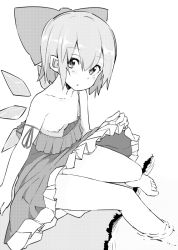 Rule 34 | 1girl, bare shoulders, barefoot, bow, breasts, cirno, clothes lift, collarbone, dress, dress lift, flat chest, greyscale, hair between eyes, ice, ice wings, looking at viewer, monochrome, nipples, no bra, noa (nagareboshi), off shoulder, short hair, sitting, small breasts, solo, strap slip, touhou, water, wings