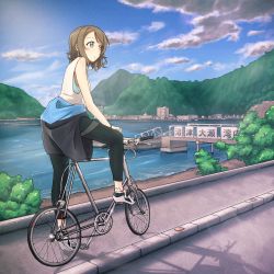 Rule 34 | 1girl, bare arms, bare shoulders, bicycle, blue eyes, blue sky, brown hair, clothes around waist, cloud, cloudy sky, curly hair, day, highres, knee up, landscape, leggings, looking afar, love live!, love live! sunshine!!, meda, mountainous horizon, outdoors, shadow, shirt, shoes, shore, short hair, sky, sneakers, solo, sportswear, tank top, tree, watanabe you, white shirt