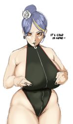 Rule 34 | 1girl, alternate breast size, alternate hairstyle, blue hair, breasts, curvy, english text, female pubic hair, flower, hair flower, hair ornament, huge breasts, konan (naruto), makeup, naruto (series), naruto shippuuden, piercing, pubic hair, pubic hair peek, pubic stubble, sideboob, solo, thick thighs, thighs, ultivlad, wide hips